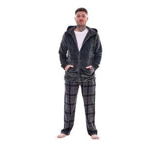Keanu Mens Checked Microfleece Zipped Long Pyjama Set / Charcoal